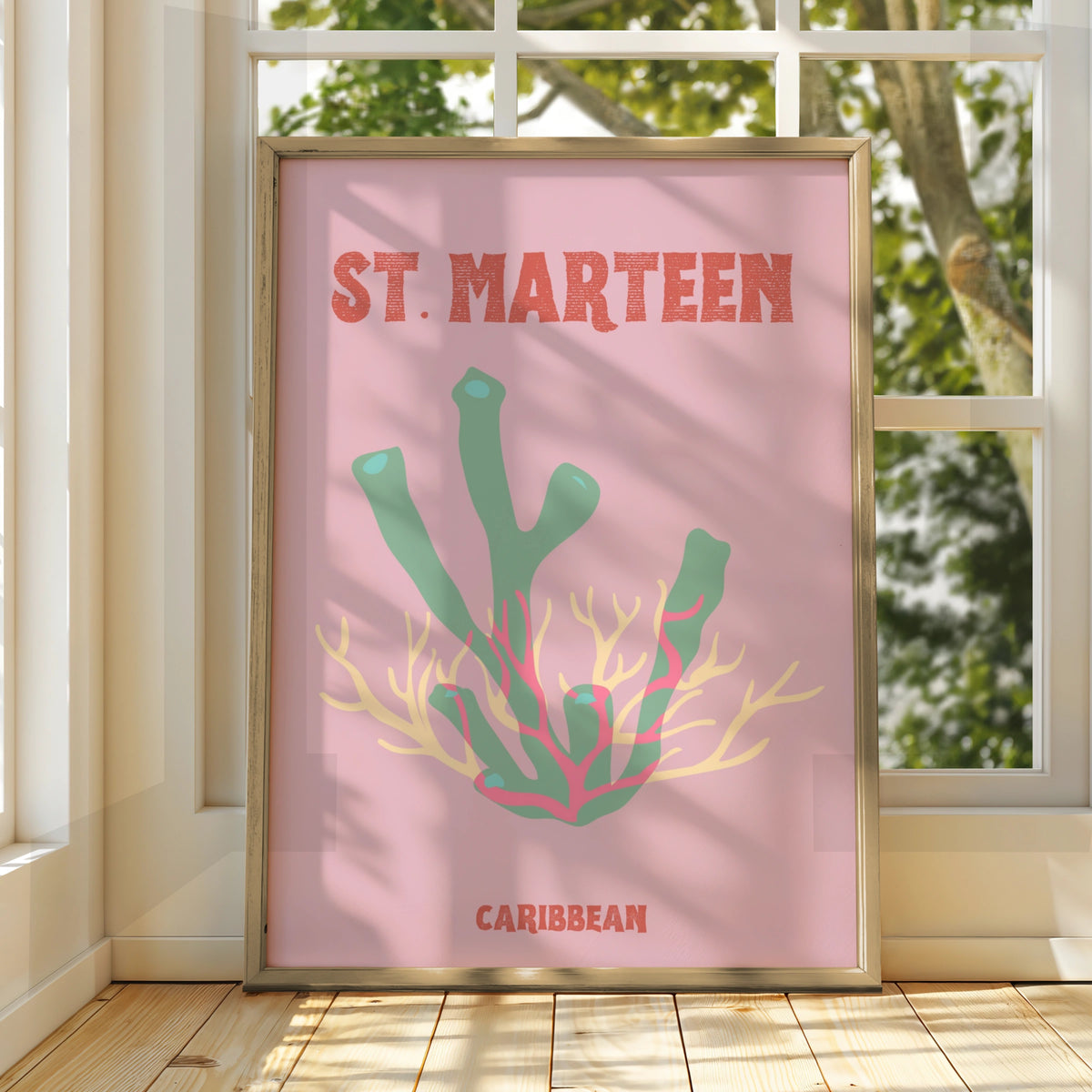 St Maarten Caribbean Travel Poster, Retro Coral Wall Art, Tropical Island Print