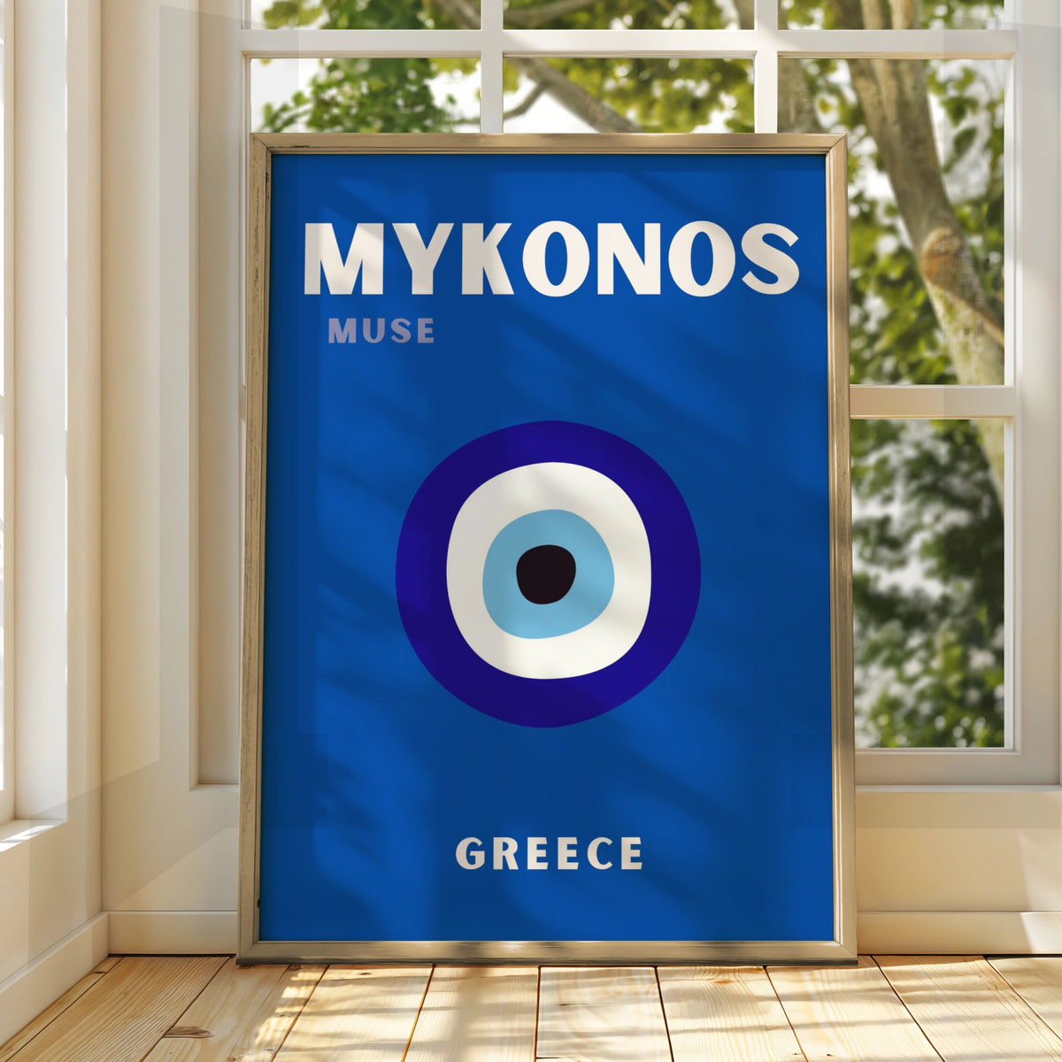 Mykonos Greece Travel Poster, Evil Eye Wall Art, Greek Island Retro Print, Blue
