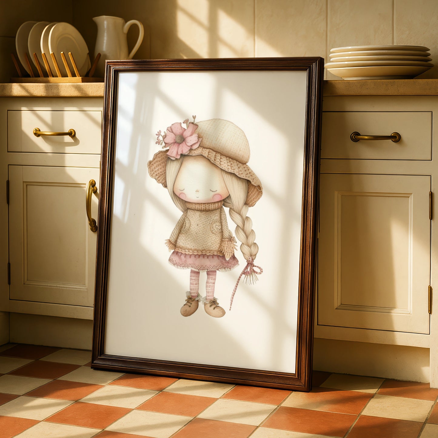Nursery Wall Art Girl Print, Boho Doll Poster, Pink Beige Baby Girl Room Decor