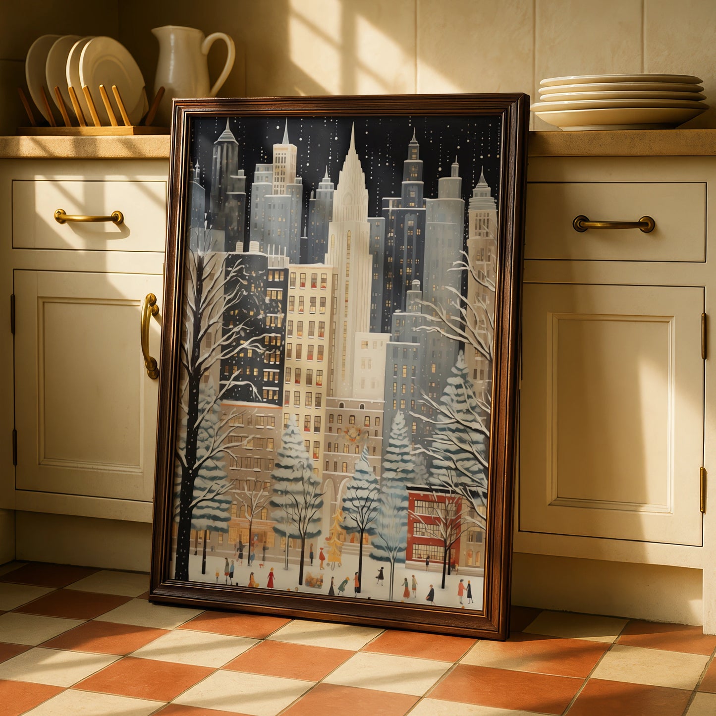 Christmas New York City Poster, Winter Snowfall Skyline Art, Festive NYC Wall Art Print