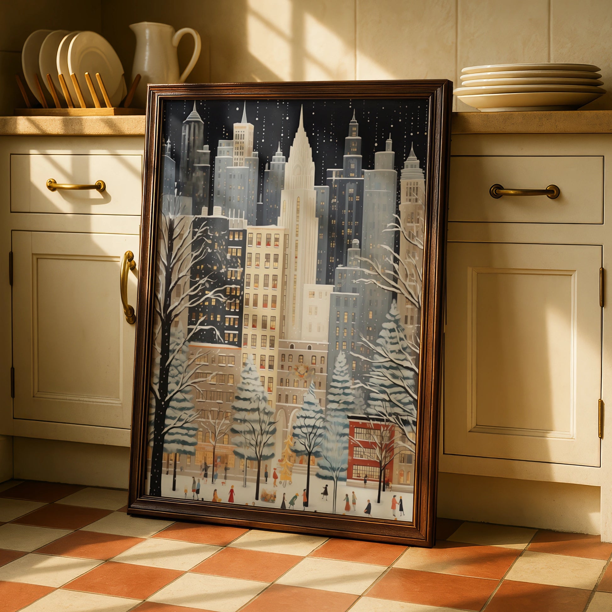Christmas New York City Poster, Winter Snowfall Skyline Art, Festive NYC Wall Art Print