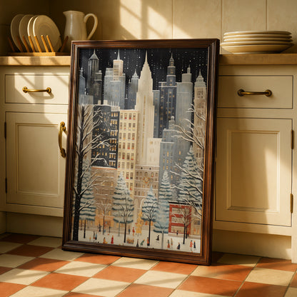 Christmas New York City Poster, Winter Snowfall Skyline Art, Festive NYC Wall Art Print