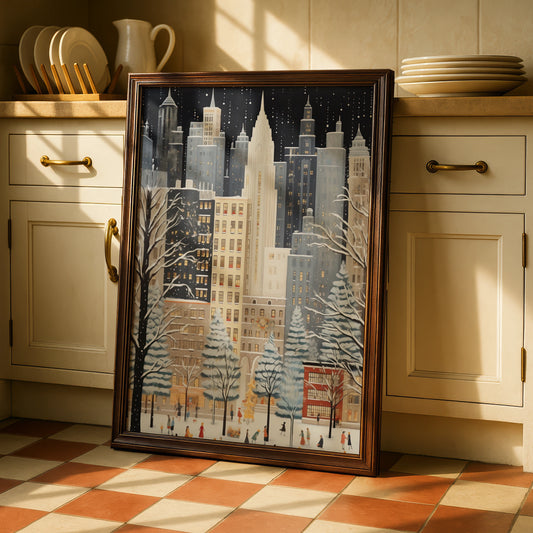 Christmas New York City Poster, Winter Snowfall Skyline Art, Festive NYC Wall Art Print