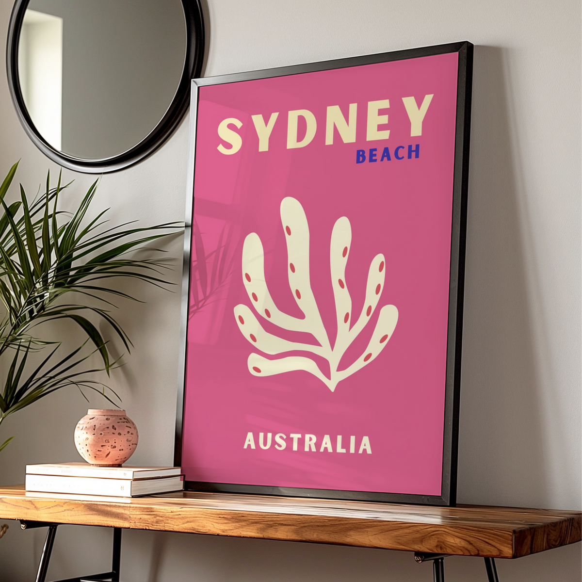 Sydney Beach Australia Travel Poster, Retro Coral Wall Art, Pink Australian Print