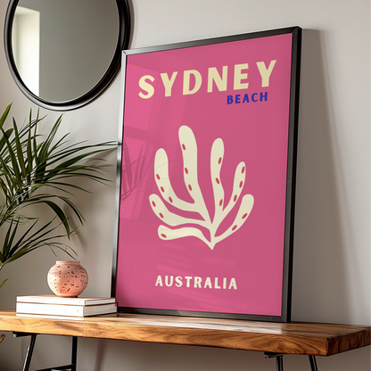 Sydney Beach Australia Travel Poster, Retro Coral Wall Art, Pink Australian Print