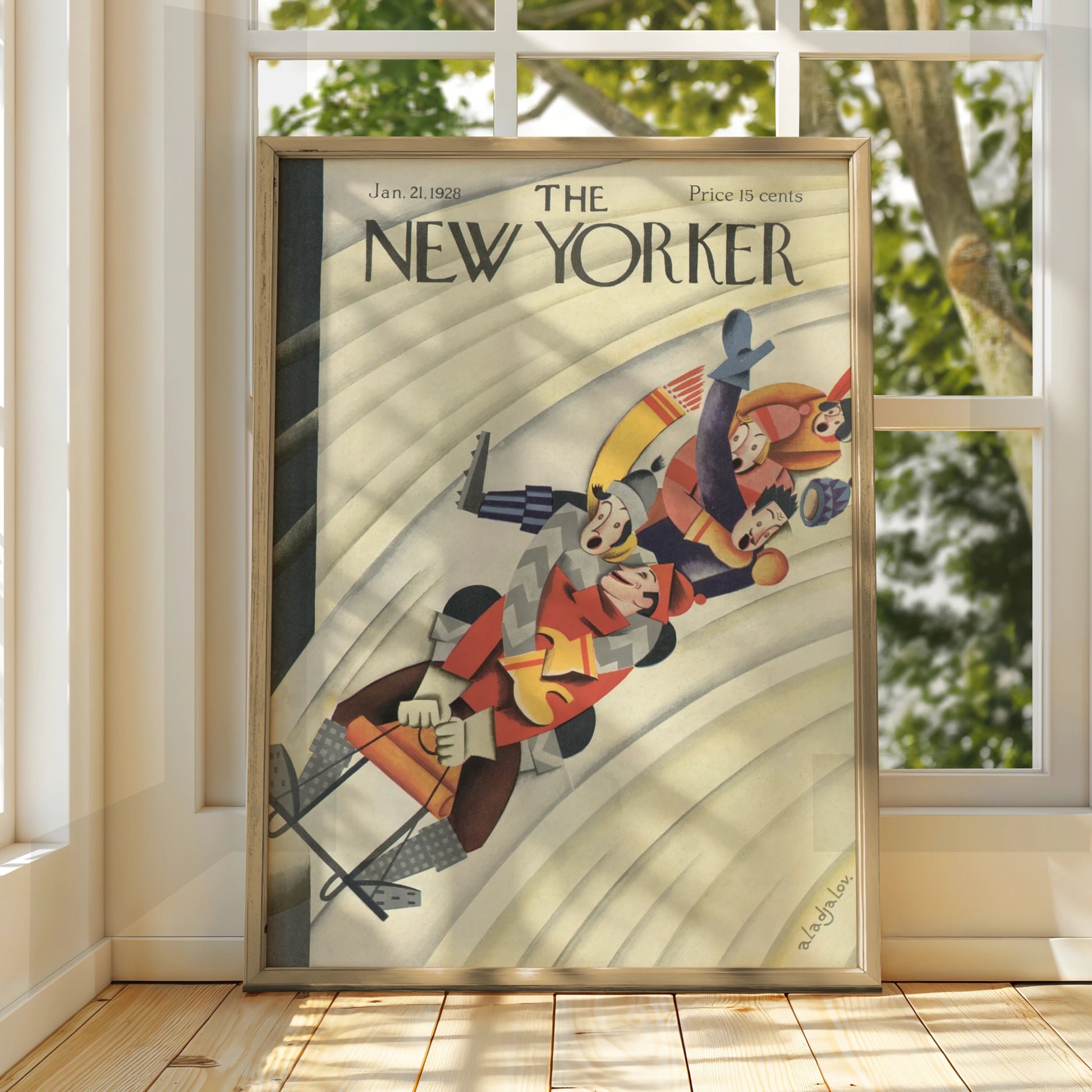 The New Yorker 1928 Winter Sledding Cover Art Poster, Vintage Art Deco Wall Print
