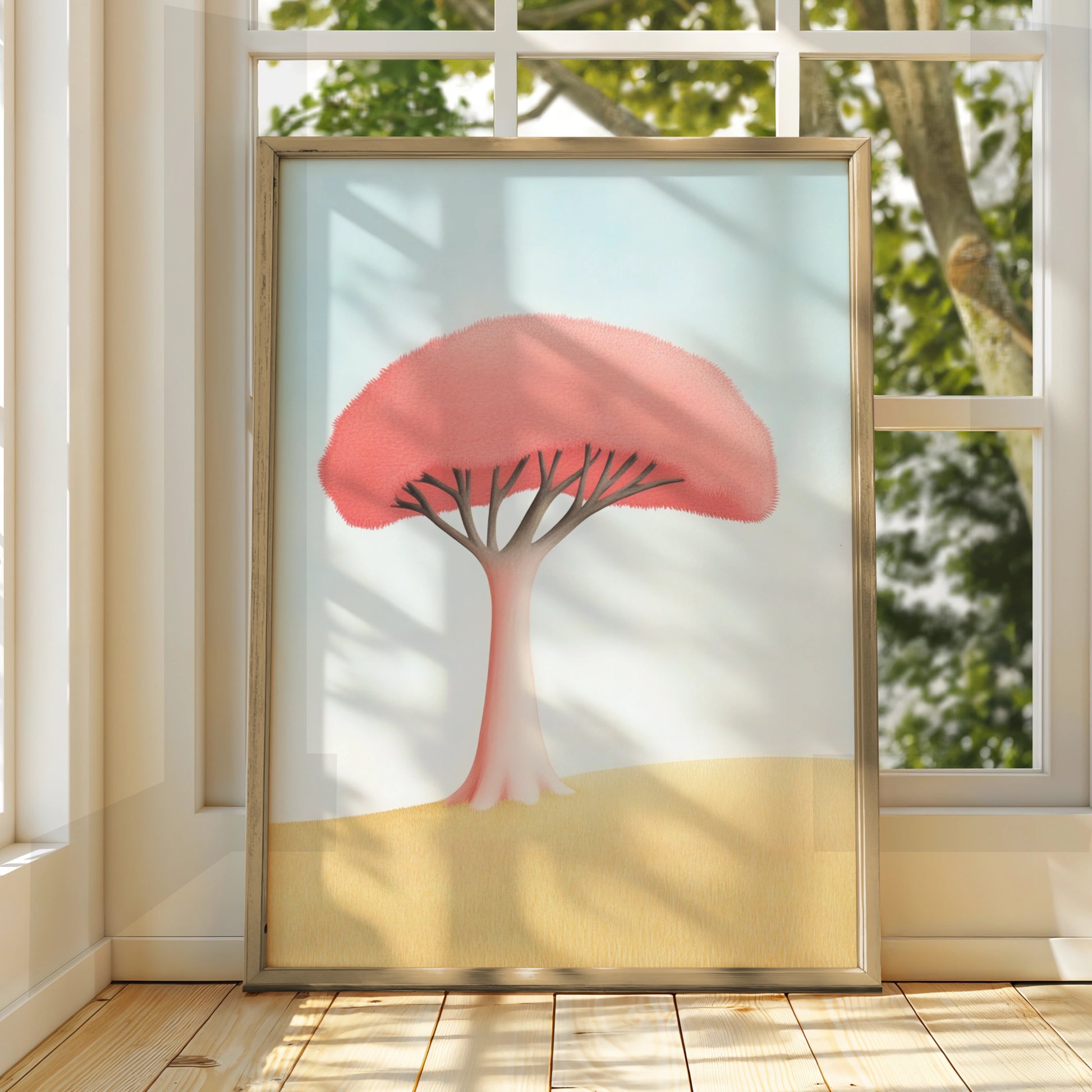 Pink Tree Nursery Wall Art, Pastel Nature Print, Baby Room Poster, Kids Decor