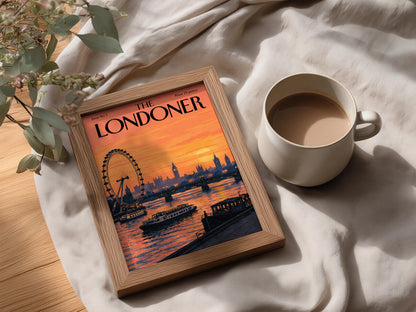 London Skyline Sunset Poster, Thames River Wall Art, Retro Magazine Cover Art Print, Orange Decor
