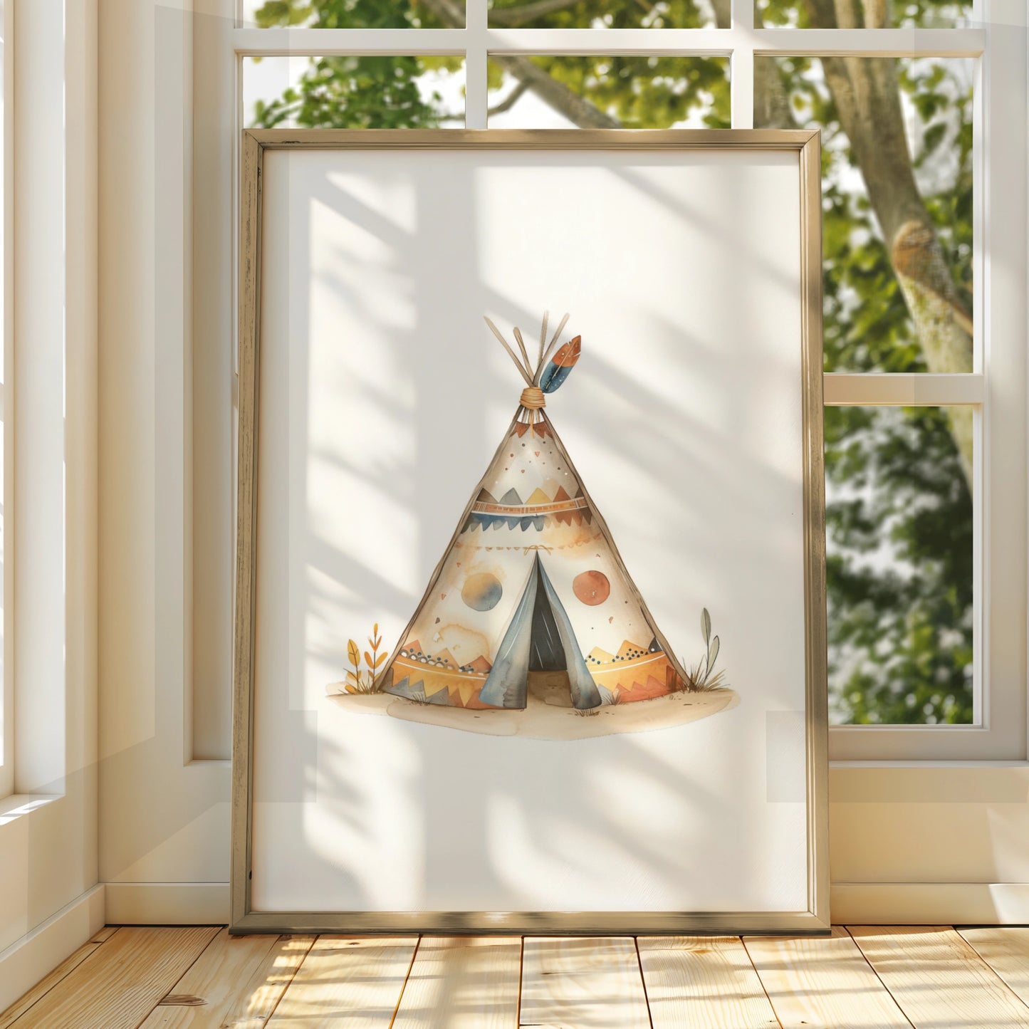 Boho Teepee Nursery Wall Art, Tribal Tipi Poster, Baby Boy Room Decor, Watercolour Print