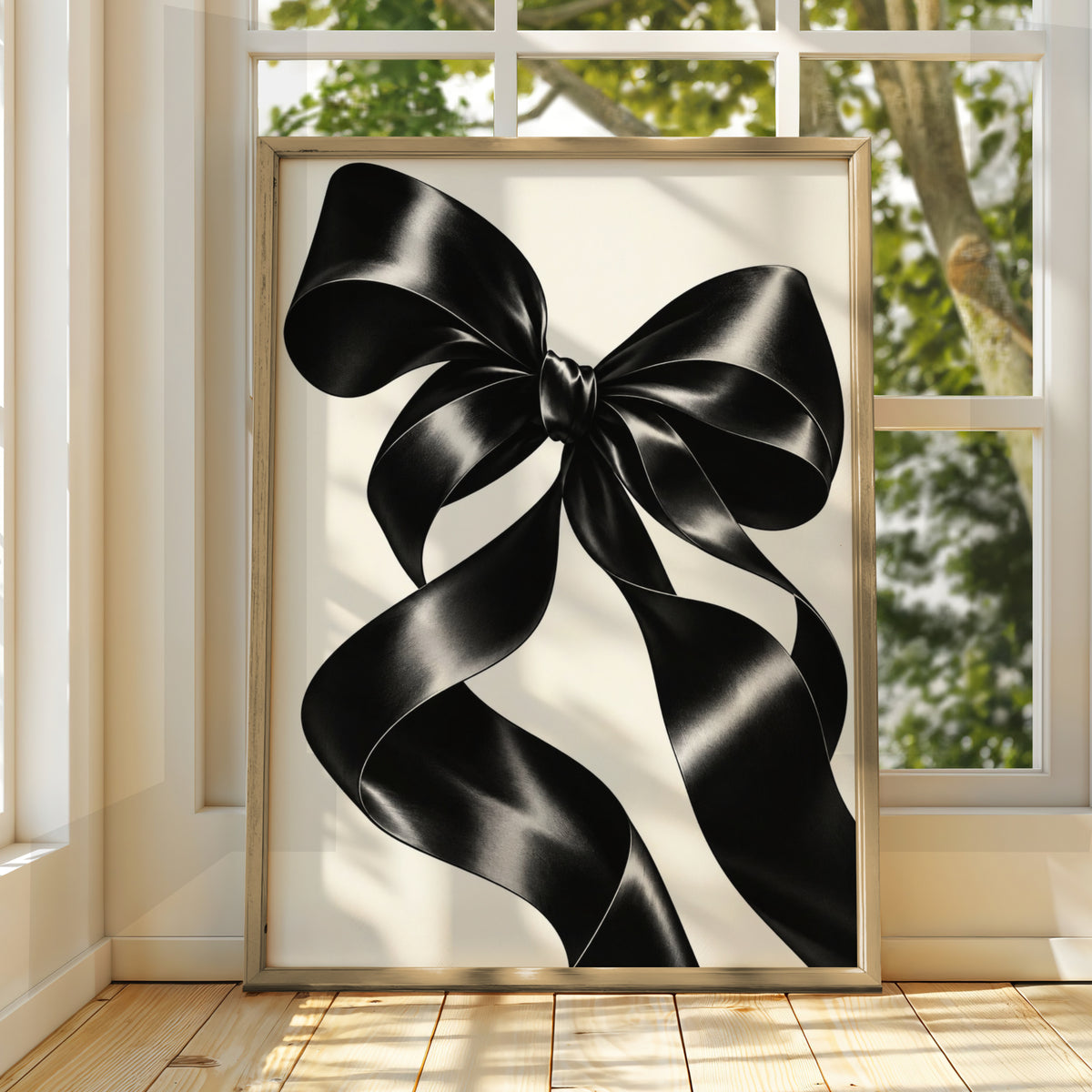 Black Satin Ribbon Bow Print, Monochrome Wall Art, Minimalist Poster, Modern Wall Decor