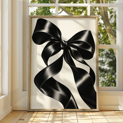 Black Satin Ribbon Bow Print, Monochrome Wall Art, Minimalist Poster, Modern Wall Decor