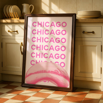 Chicago Travel Poster Pink Wall Art, Illinois City Print, Retro USA Travel Decor