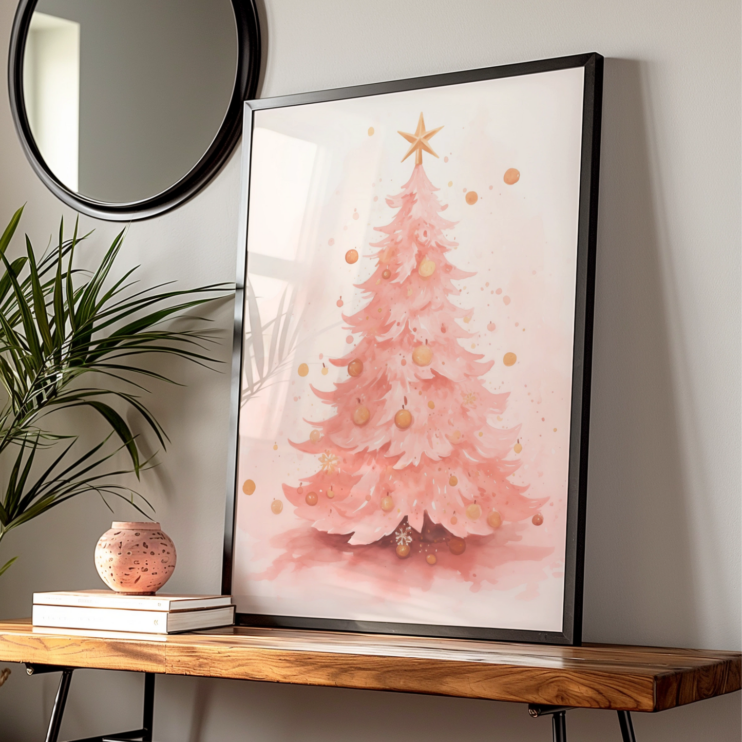 Pink Christmas Tree Poster, Watercolour Xmas Wall Art, Gold Star Festive Print