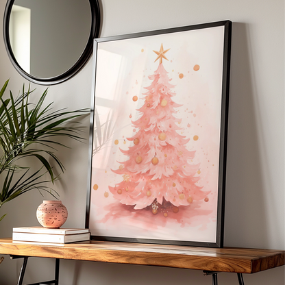 Pink Christmas Tree Poster, Watercolour Xmas Wall Art, Gold Star Festive Print