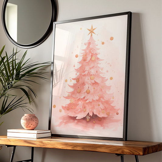 Pink Christmas Tree Poster, Watercolour Xmas Wall Art, Gold Star Festive Print