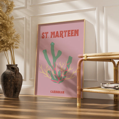 St Maarten Caribbean Travel Poster, Retro Coral Wall Art, Tropical Island Print