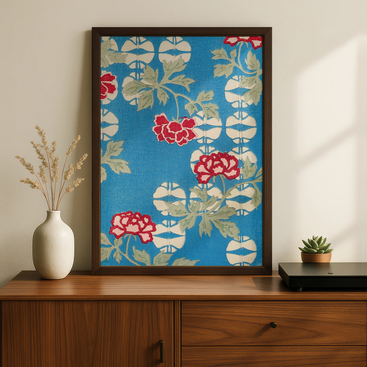 Japanese Botanical Print, Vintage Floral Woodblock Wall Art, Blue Peony Japandi Poster – A5 Black frame