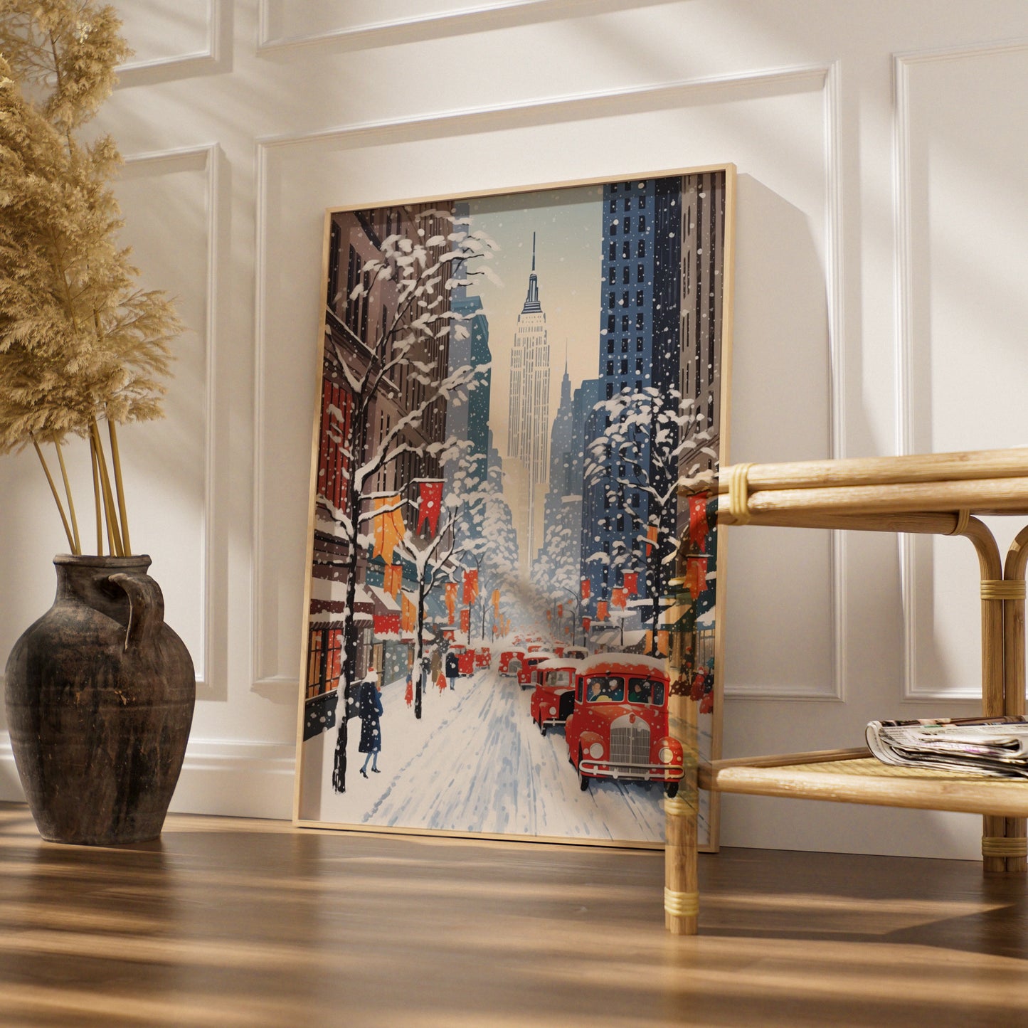 New York Christmas Poster, Snowy NYC Street Art, Empire State Winter Wall Decor Print
