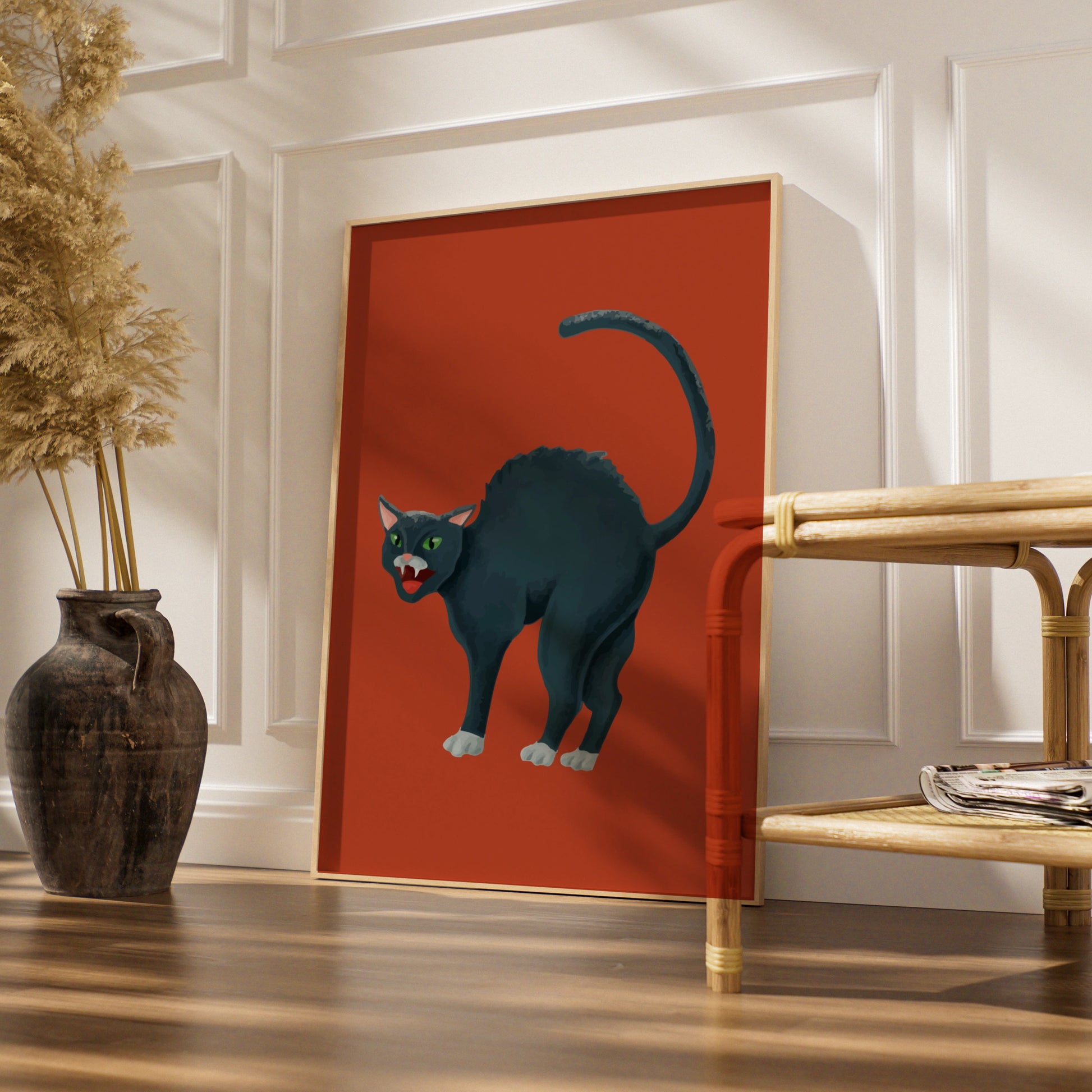 Halloween Black Cat Poster, Spooky Cat Wall Art, Arched Cat Print, Bold Red Halloween Decor