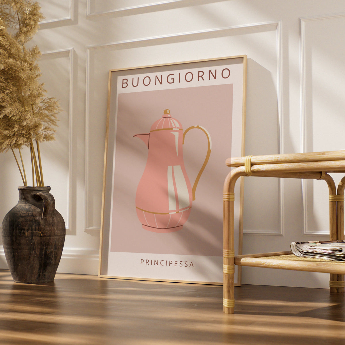 Buongiorno Principessa Coffee Pot Poster, Pink Kitchen Wall Art, Italian maximalist print