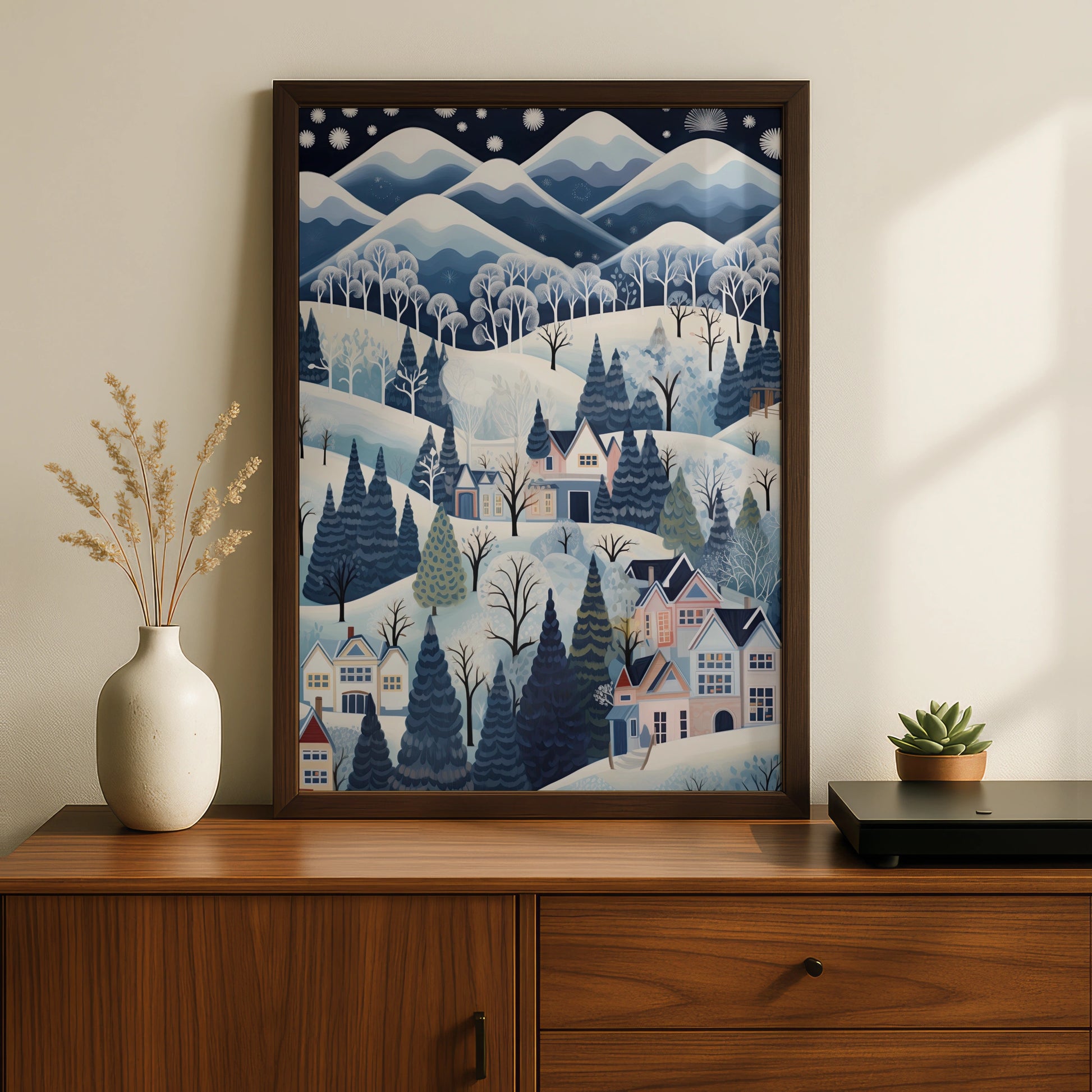 Christmas Winter Village Poster, Snowy Scene Wall Art, Blue festive Print, Holiday Home Decor