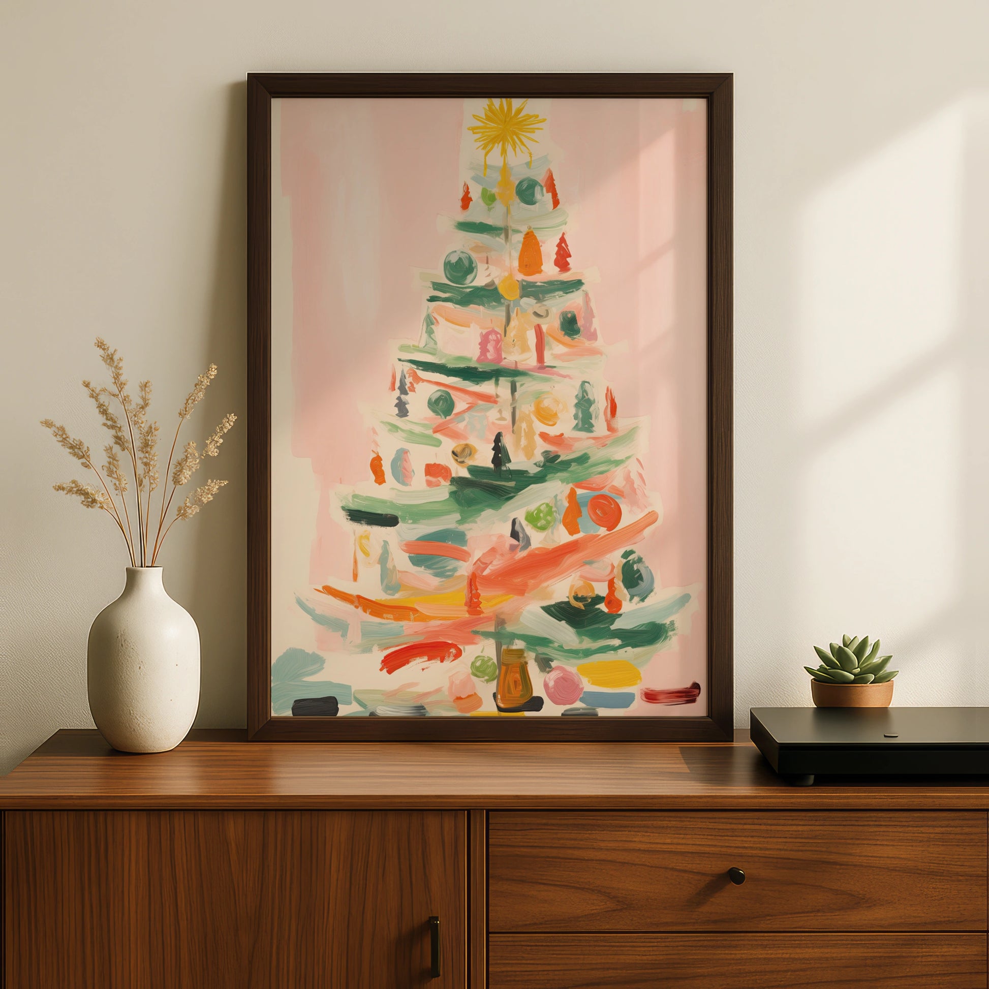 Christmas Tree Poster, Colourful Abstract Xmas Wall Art, Festive Holiday Print, Pastel Pink Decor