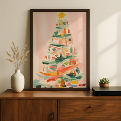 Christmas Tree Poster, Colourful Abstract Xmas Wall Art, Festive Holiday Print, Pastel Pink Decor