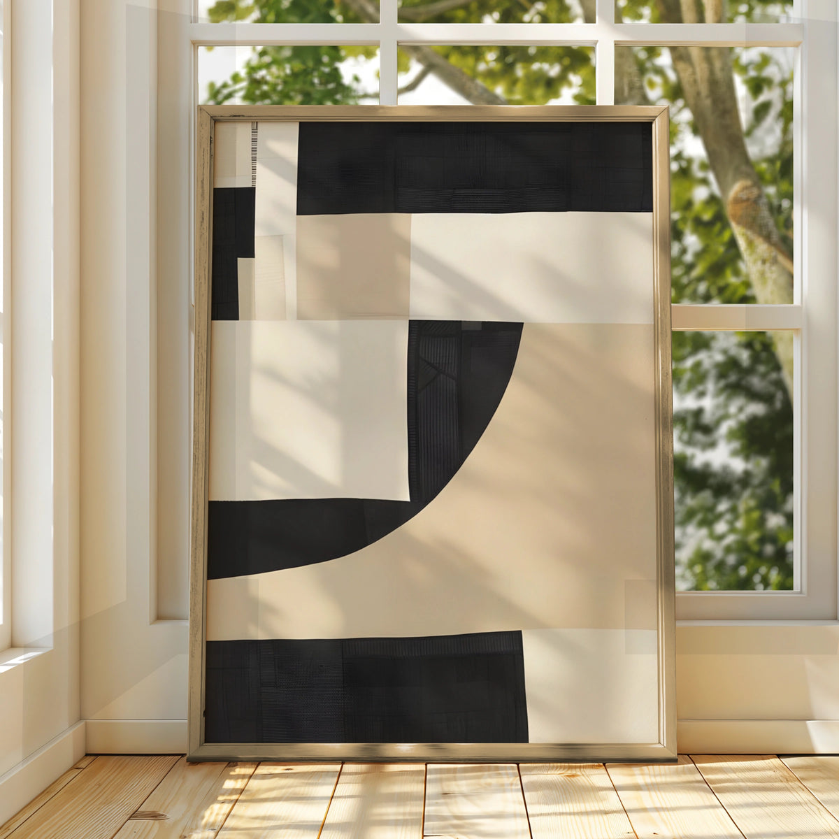 Modern Monochrome Abstract Print, Black Cream Geometric Wall Art, Minimalist Poster