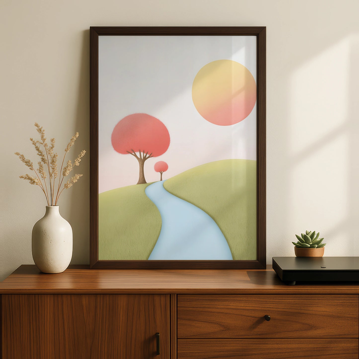 Nursery Wall Art Pastel Landscape Print, Pink Trees River Path, Baby Room Poster