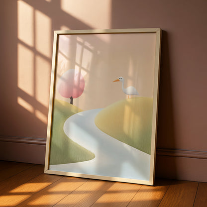 Nursery Wall Art White Bird Print, Pastel Landscape Poster, Baby Room Decor, Kids Room Art