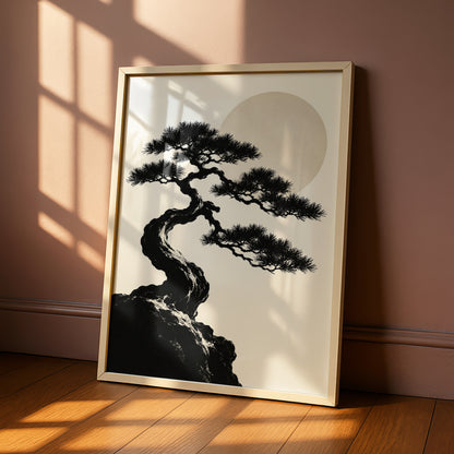 Bonsai Tree Moon Print, Monochrome Wall Art, Japanese Pine Minimalist Poster, Neutral Gallery Wall