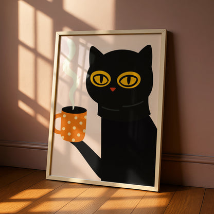 Black Cat Coffee Cartoon Poster, Funny Cat Wall Art, Quirky Kitchen Print