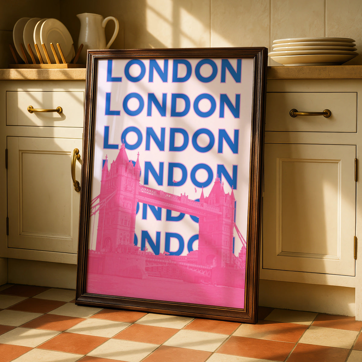 London Travel Poster, Tower Bridge Wall Art, Retro Bold Pink Blue UK Print