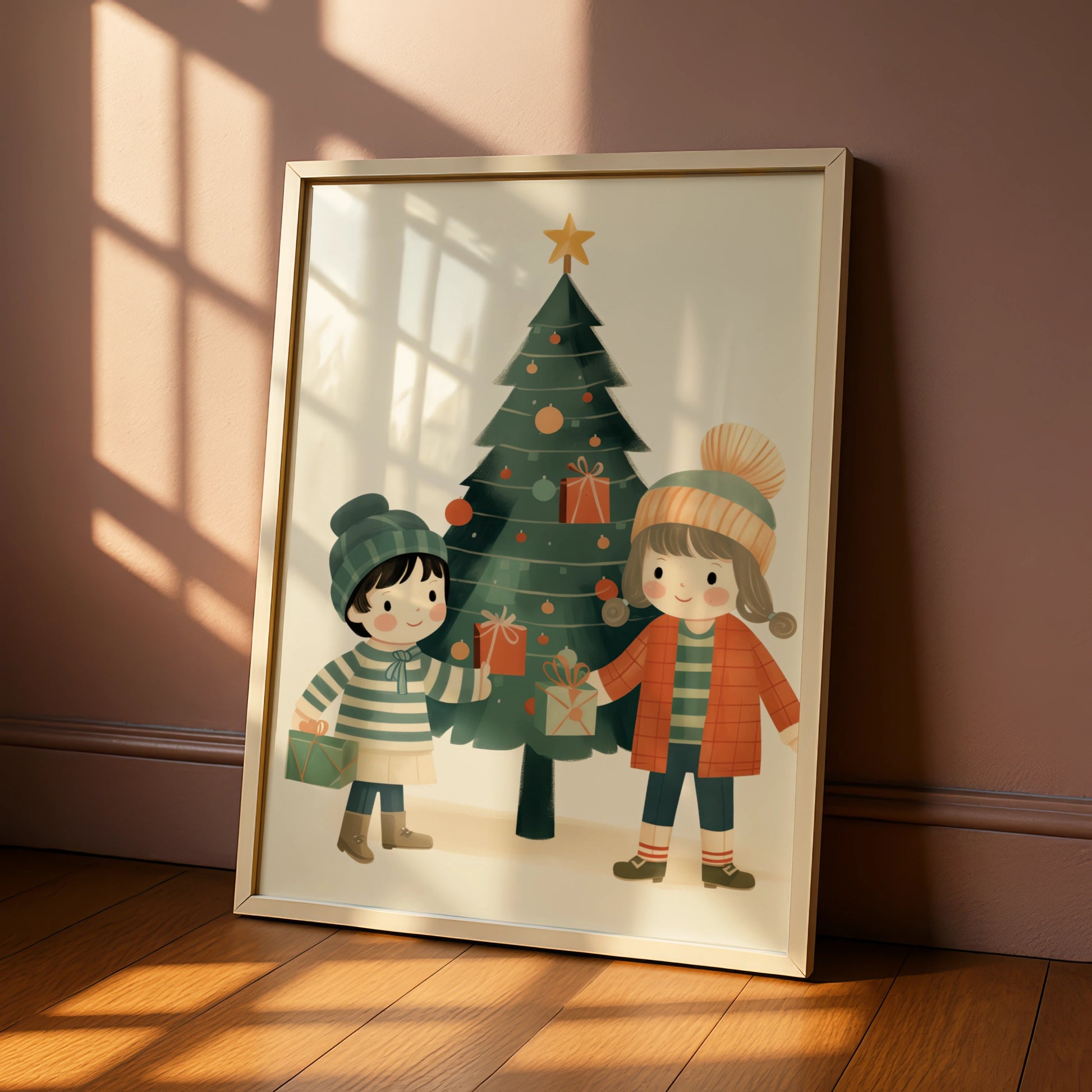 Christmas Poster Children Tree Gifts, Cute Kids Xmas Wall Art, Festive Holiday Print