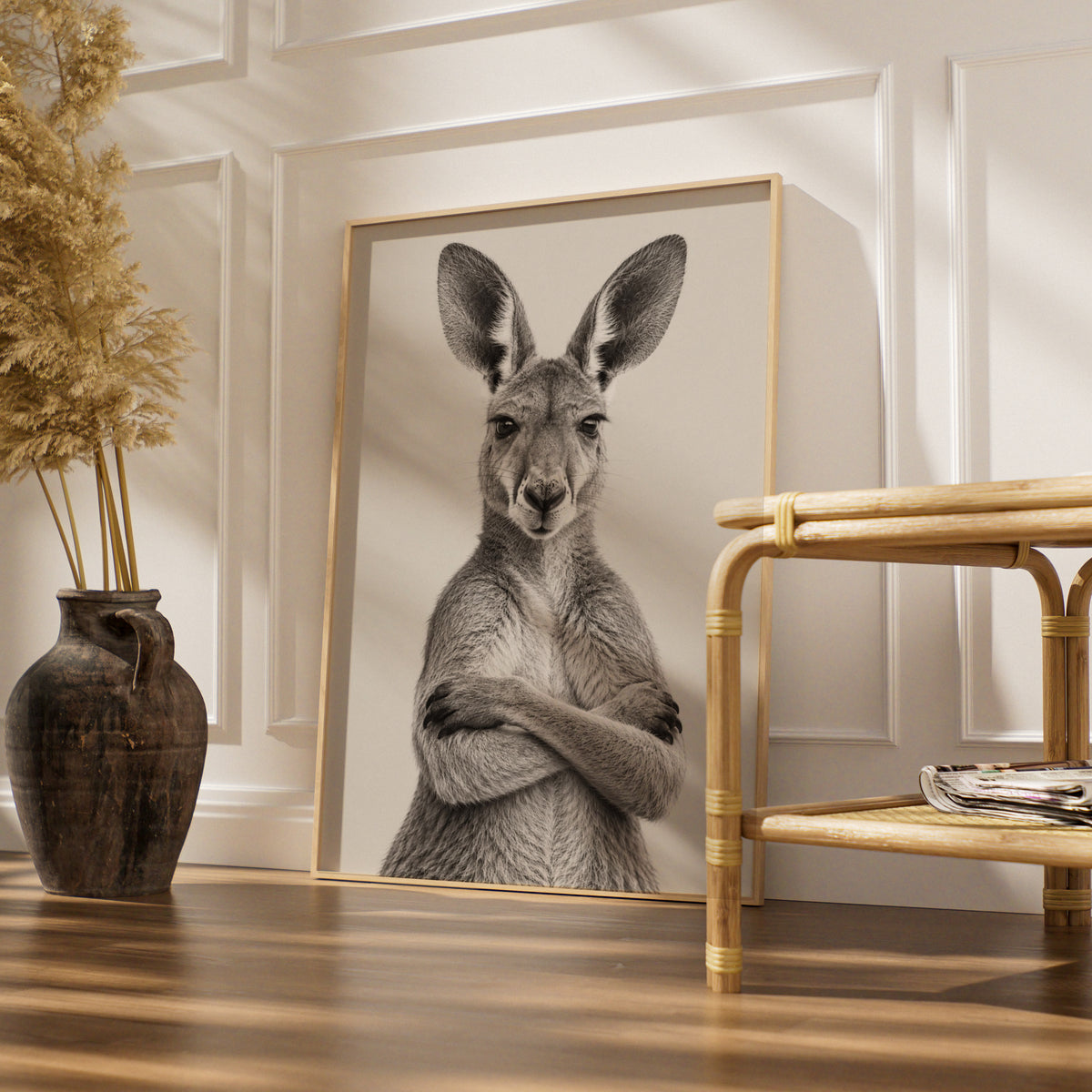 Kangaroo Portrait Print, Arms Crossed Australian Wall Art, Black White Animal Poster