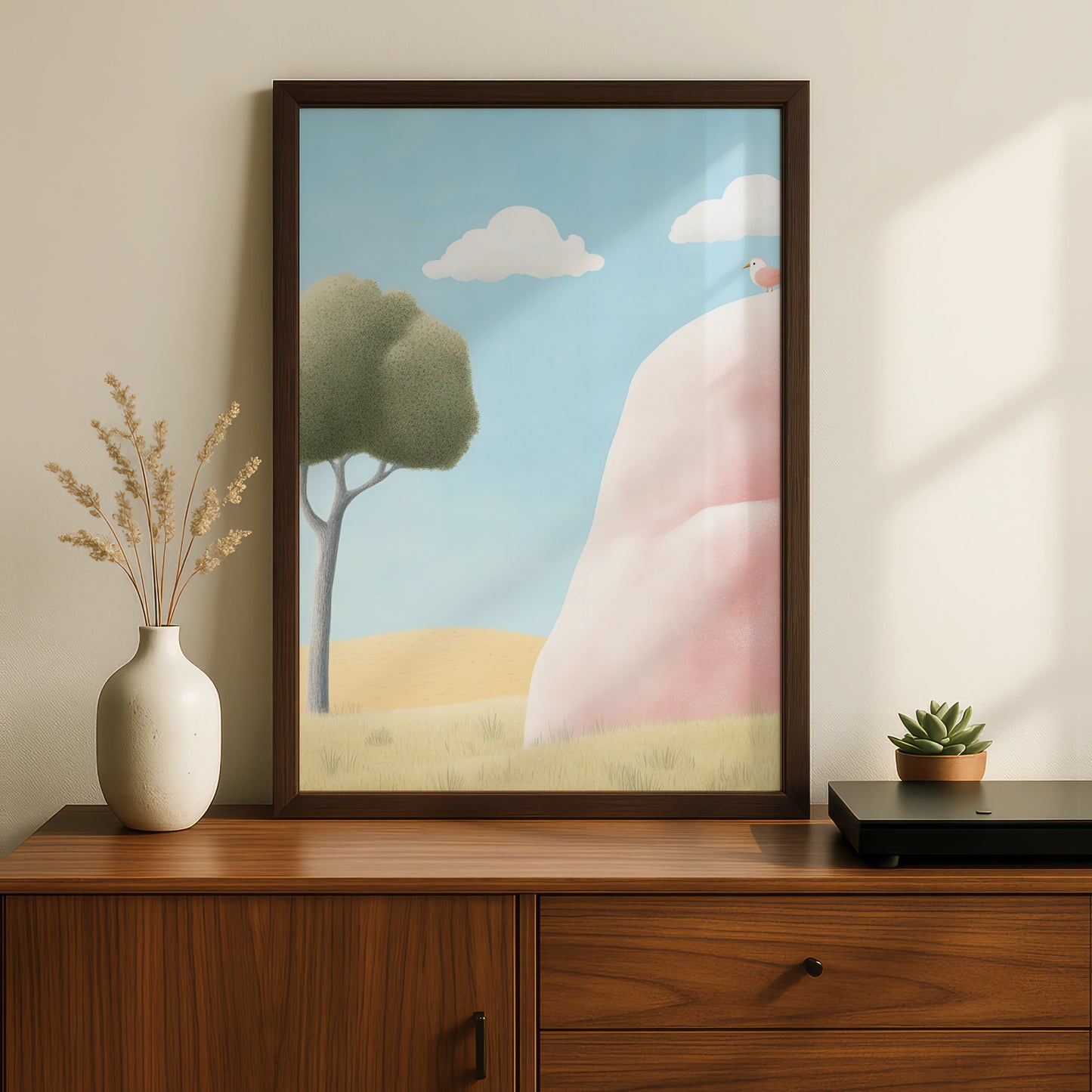 Nursery Wall Art Pink Hill Bird Print, Cute Children's Poster, Pastel Sky Nature