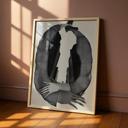 Abstract Figure Embrace Monochrome Wall Art, Black and White Modern Print, Gallery Wall Poster