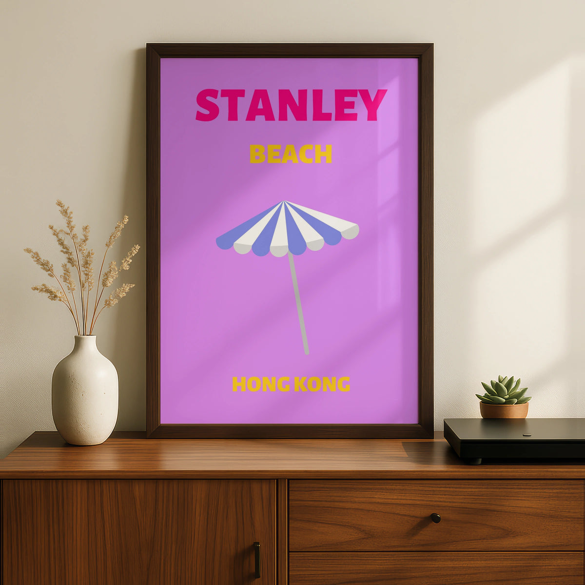 Stanley Beach Hong Kong Travel Poster, Retro Wall Art, Colourful Beach Print