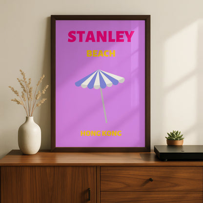 Stanley Beach Hong Kong Travel Poster, Retro Wall Art, Colourful Beach Print