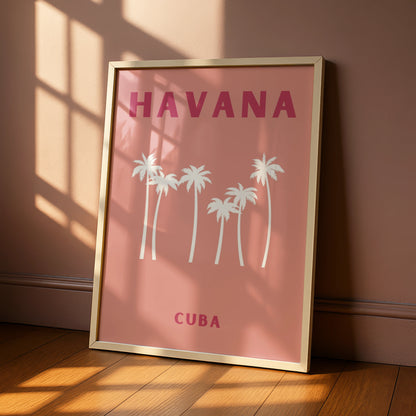 Havana Cuba Travel Poster, Retro Palm Tree Wall Art, Pink Tropical Print