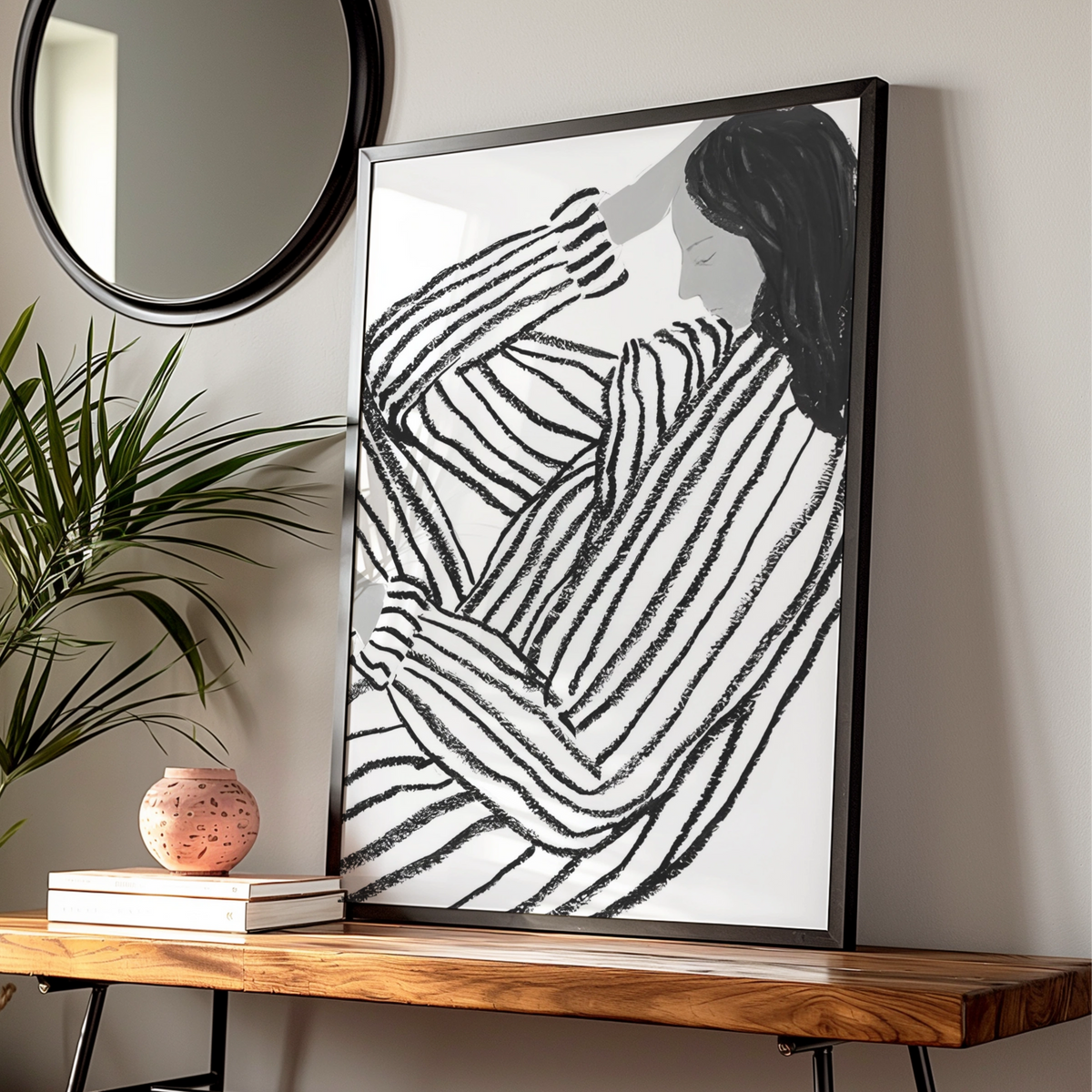 Striped Figure Woman Monochrome Wall Art, Black and White Poster, Minimalist Print