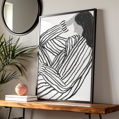 Striped Figure Woman Monochrome Wall Art, Black and White Poster, Minimalist Print