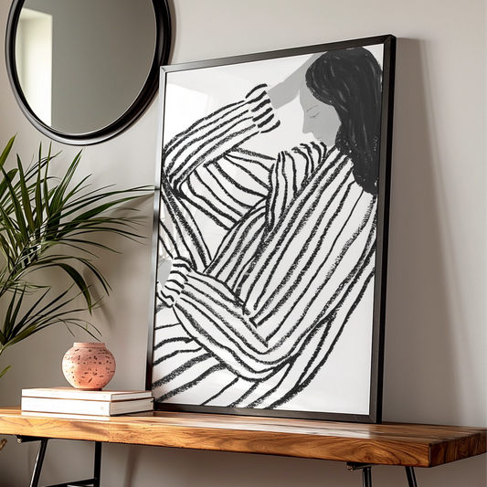 Striped Figure Woman Monochrome Wall Art, Black and White Poster, Minimalist Print — Digital Download
