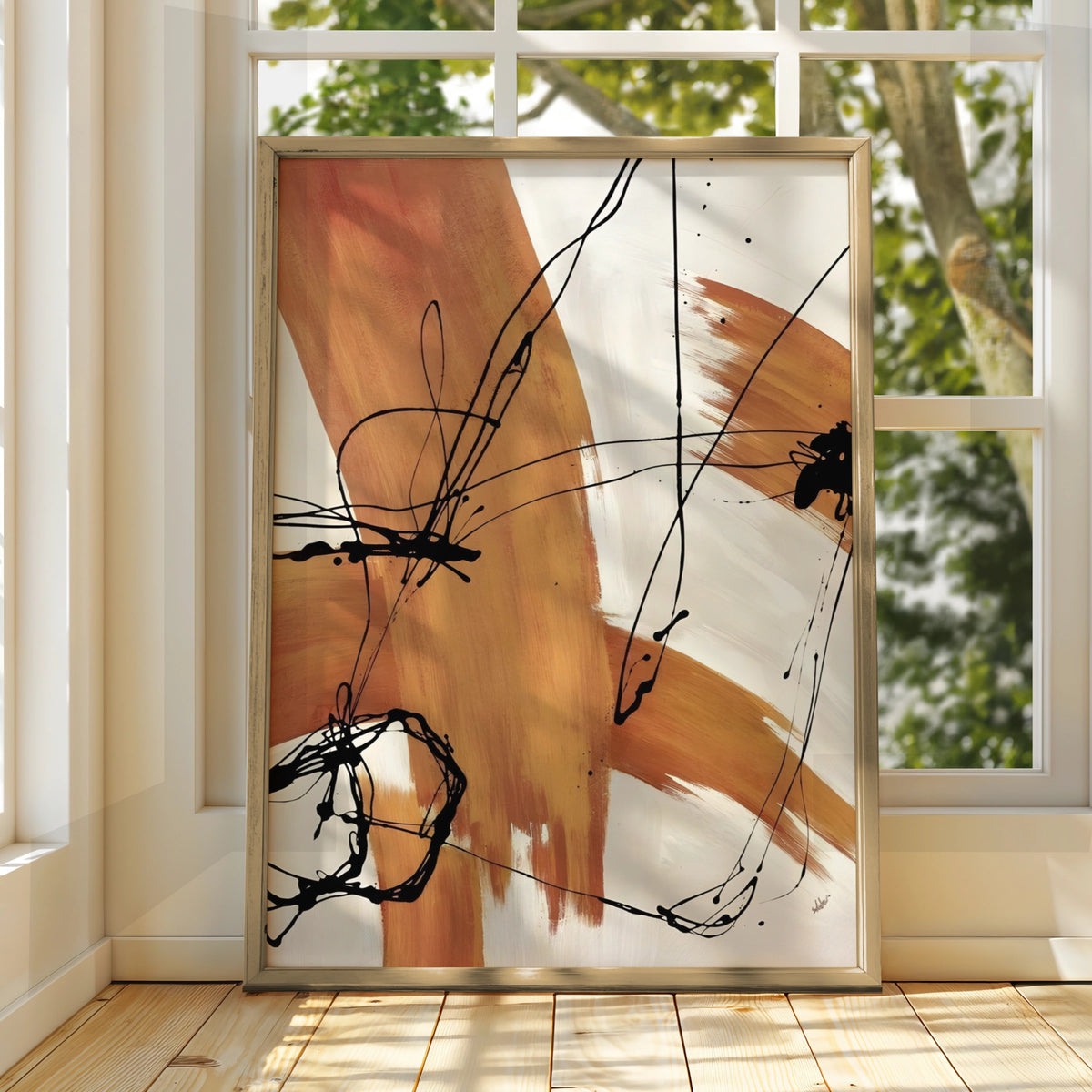 Abstract Brush Stroke Wall Art, Terracotta Black Line Print, Modern Neutral Poster