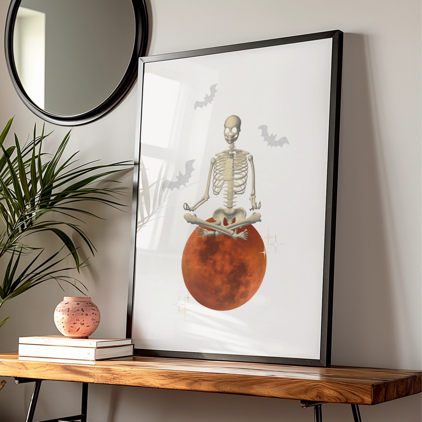 Halloween Skeleton Meditation Poster, Blood Moon Wall Art, Spooky Yoga Print, Bats Decor