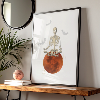 Halloween Skeleton Meditation Poster, Blood Moon Wall Art, Spooky Yoga Print, Bats Decor
