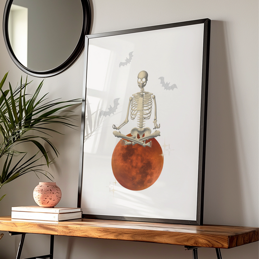 Halloween Skeleton Meditation Poster, Blood Moon Wall Art, Spooky Yoga Print, Bats Decor