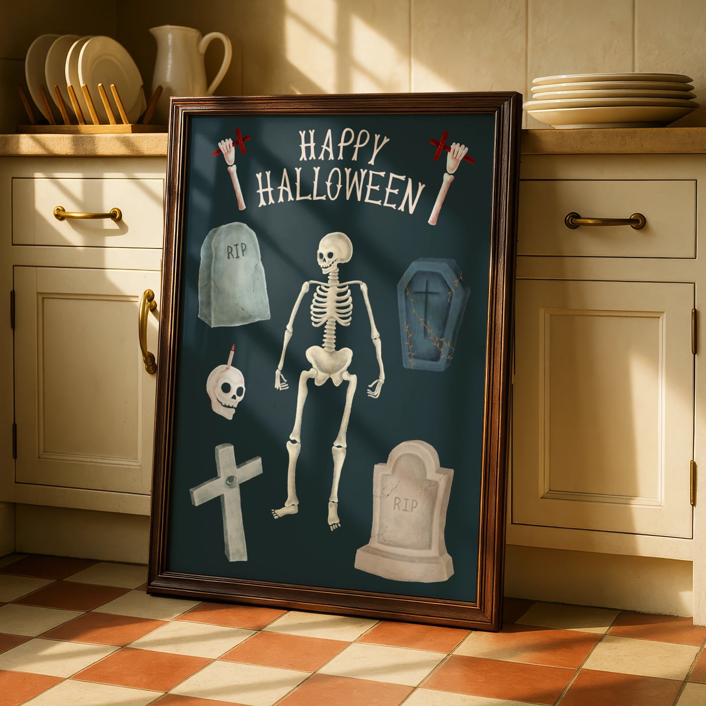 Happy Halloween Skeleton Poster, Spooky Graveyard Wall Art, Skull Coffin RIP Print