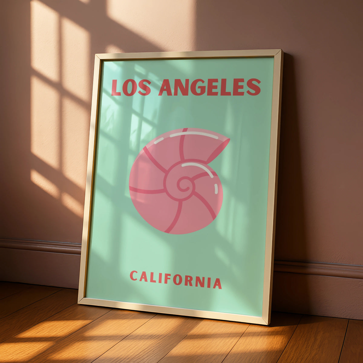 Los Angeles California Travel Poster, Retro Shell Wall Art, Mint Pink Coastal Print