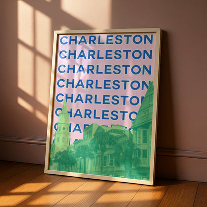 Charleston South Carolina Travel Poster, Retro City Wall Art, Pink Blue Print